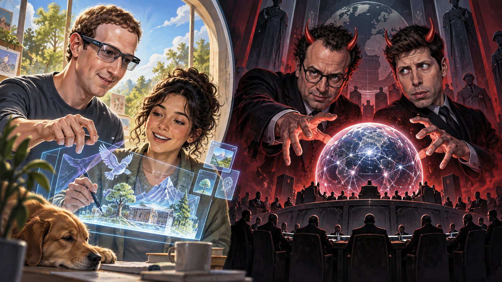 Satirical illustration of Mark Zuckerberg using AI glasses to help someone create, opposite Dario Amodei and Sam Altman as devil figures before a global council.